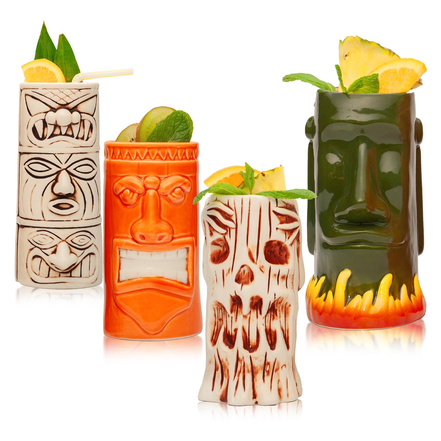 Hand-Carved and Hand-Painted Tiki Mugs - Assorted Set of 8