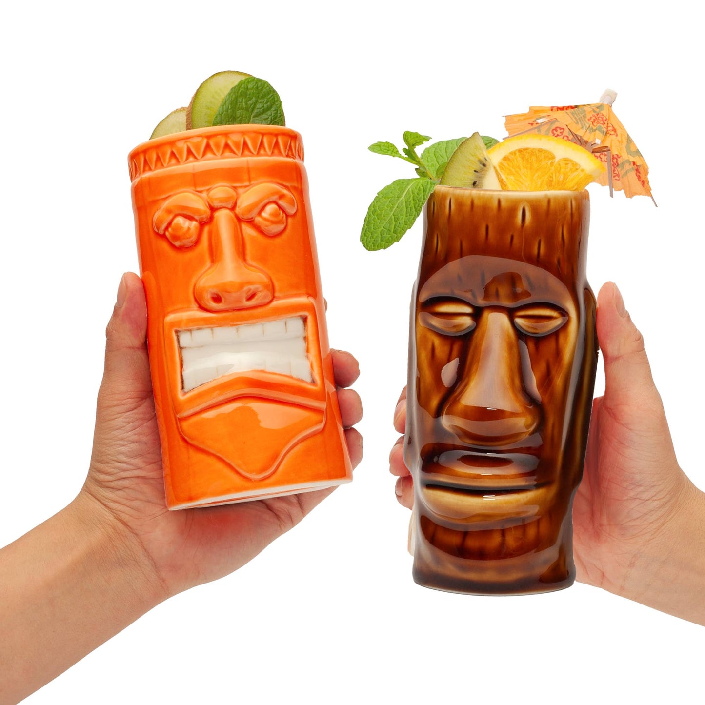 Hand-Carved and Hand-Painted Tiki Mugs - Assorted Set of 8