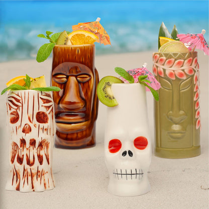 Hand-Carved and Hand-Painted Tiki Mugs - Assorted Set of 8