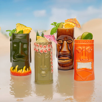 Hand-Carved and Hand-Painted Tiki Mugs - Assorted Set of 8